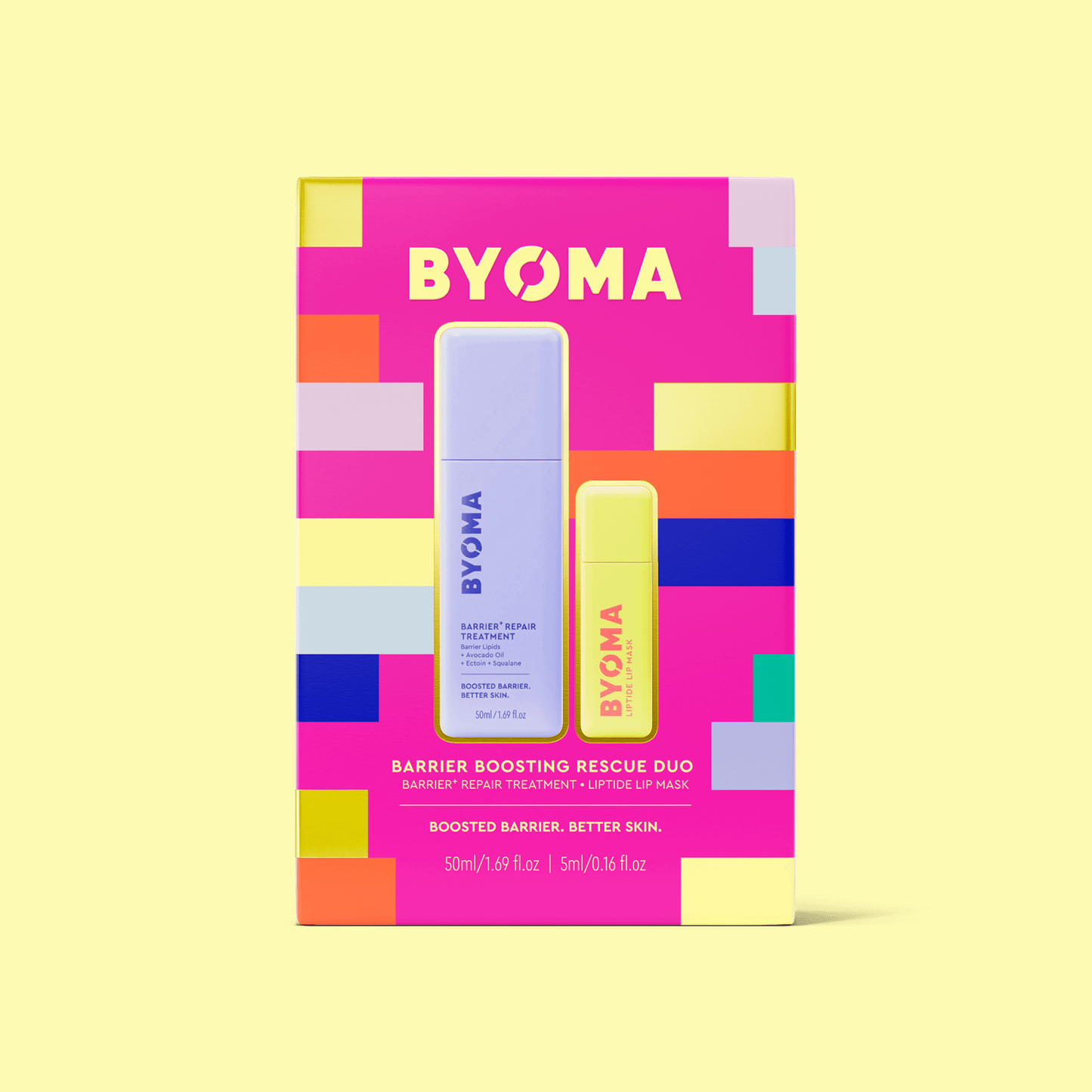 BYOMA Barrier Boosting Rescue Duo – gift box with Barrier Repair Treatment and Lipid Lip Mask on yellow background