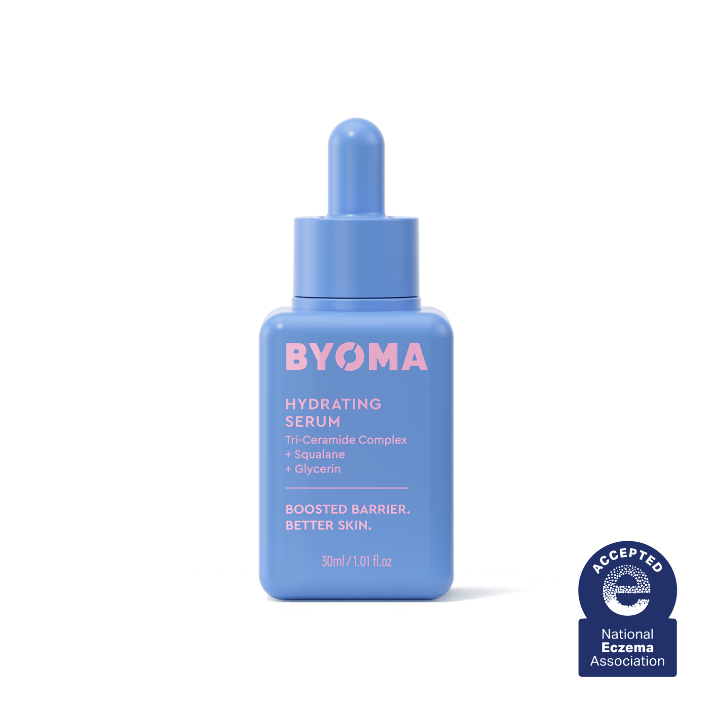 BYOMA HYDRATING SERUM against a white background with the text "Accepted National Eczema Association"