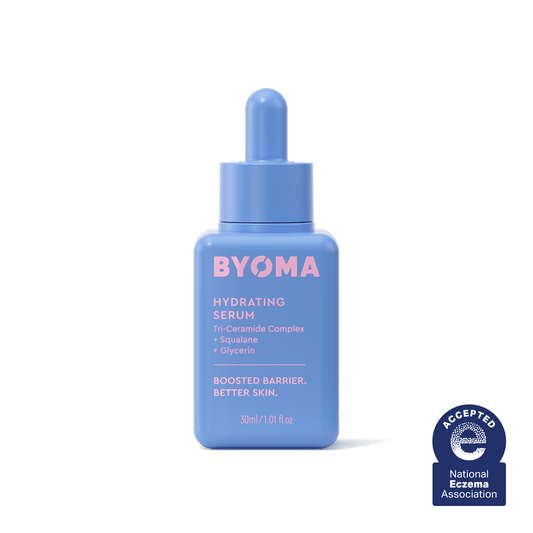 BYOMA HYDRATING SERUM against a white background with the text "Accepted National Eczema Association"