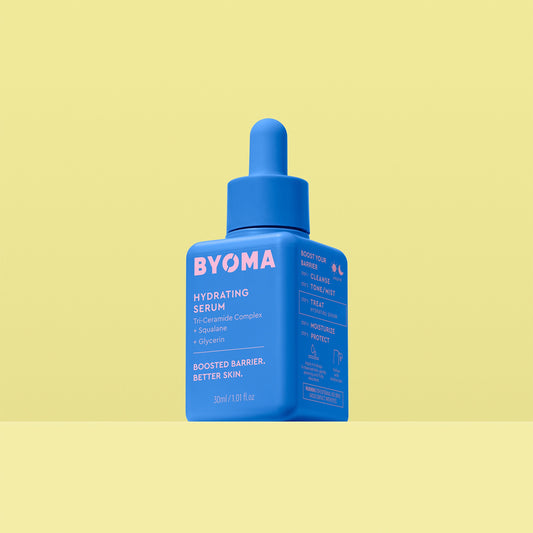 BYOMA HYDRATING SERUM against a yellow background.