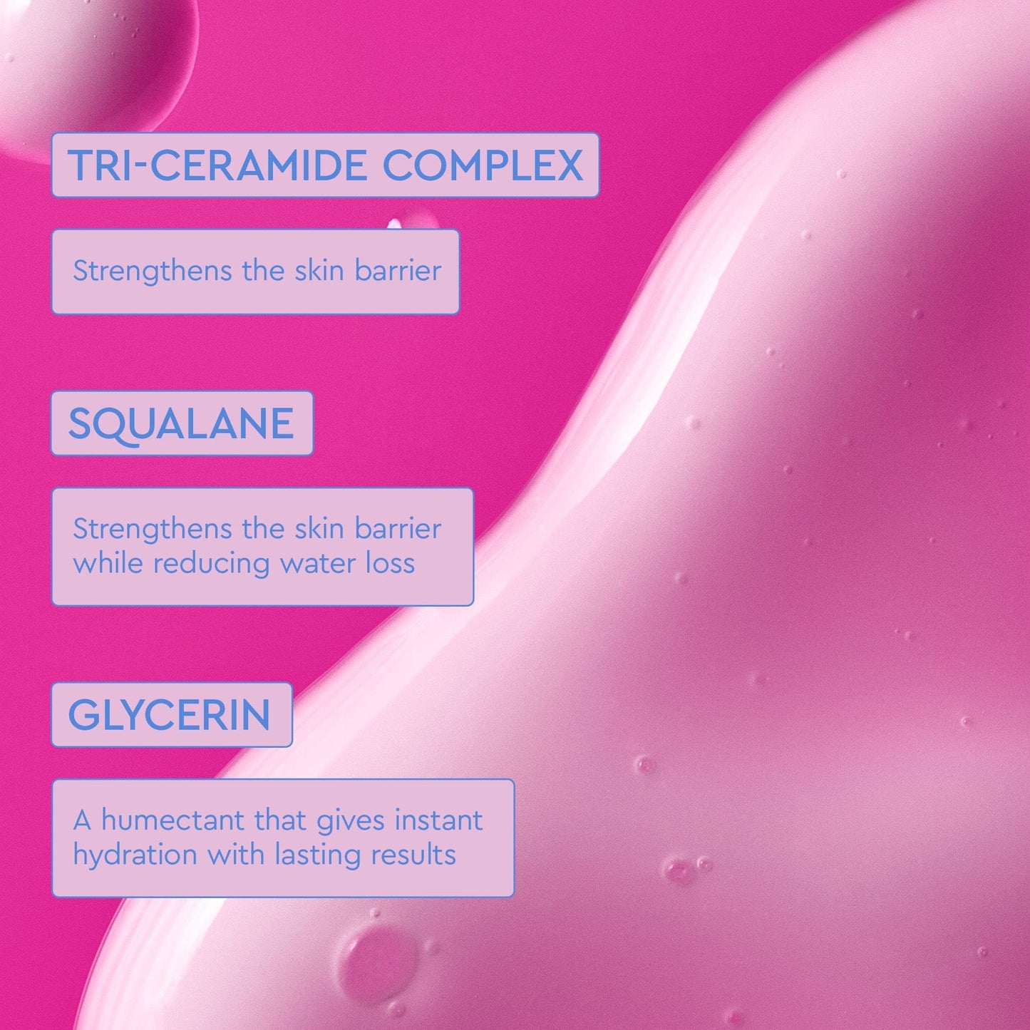 Light and dark pink cream background has information about TRI-CERAMIDE COMPLEX, SQUALANE AND GLYCERIN.
