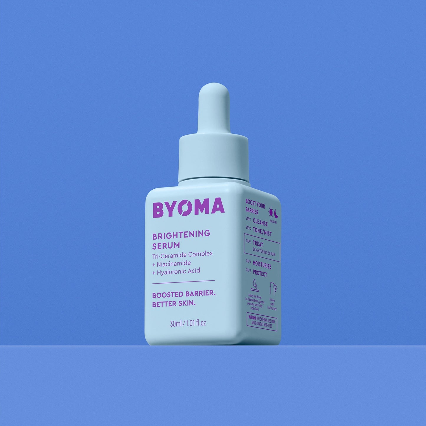 BYOMA BRIGHTENING SERUM against a blue background.