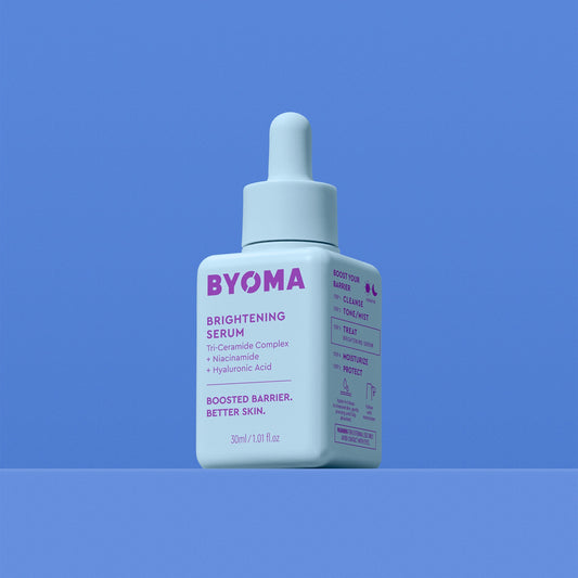 BYOMA BRIGHTENING SERUM against a blue background.