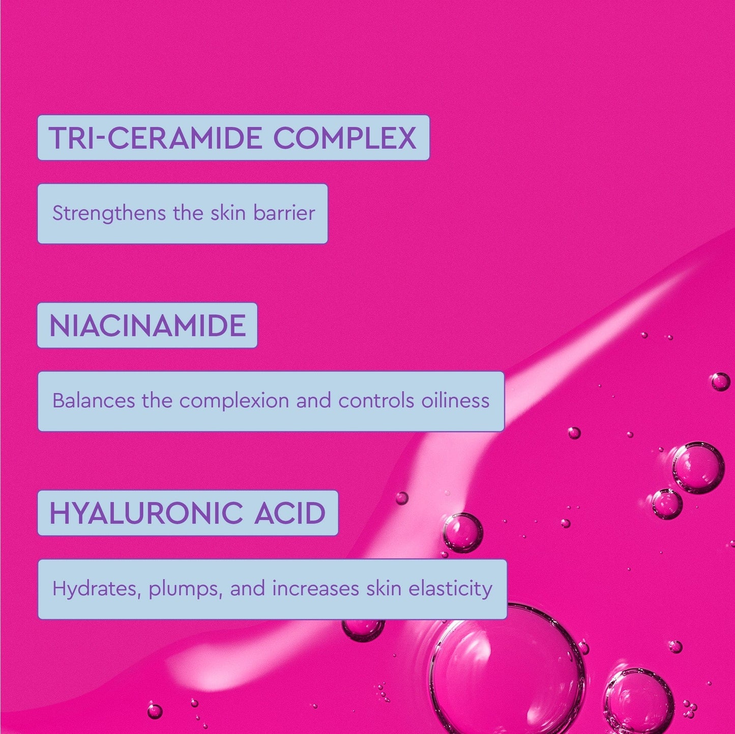 Pink background has information about TRI-CERAMIDE COMPLEX, NIACINAMIDE AND HYALURONIC ACID.