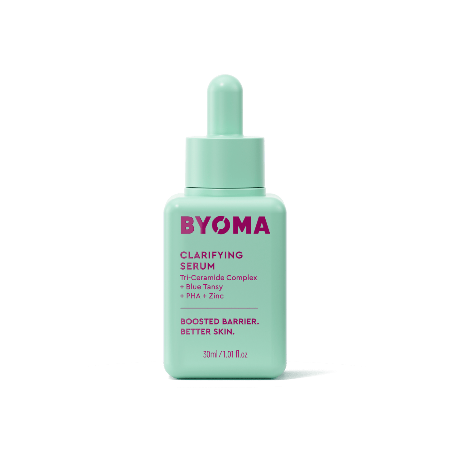 BYOMA CLARIFYING SERUM against a green background.