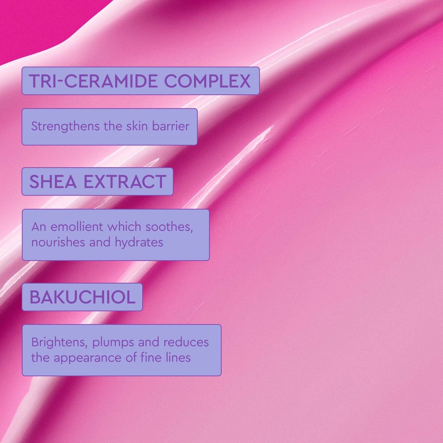 Pink cream background has information about TRI-CERAMIDE COMPLEX, SHEA EXTRACT AND BAKUCHIOL.