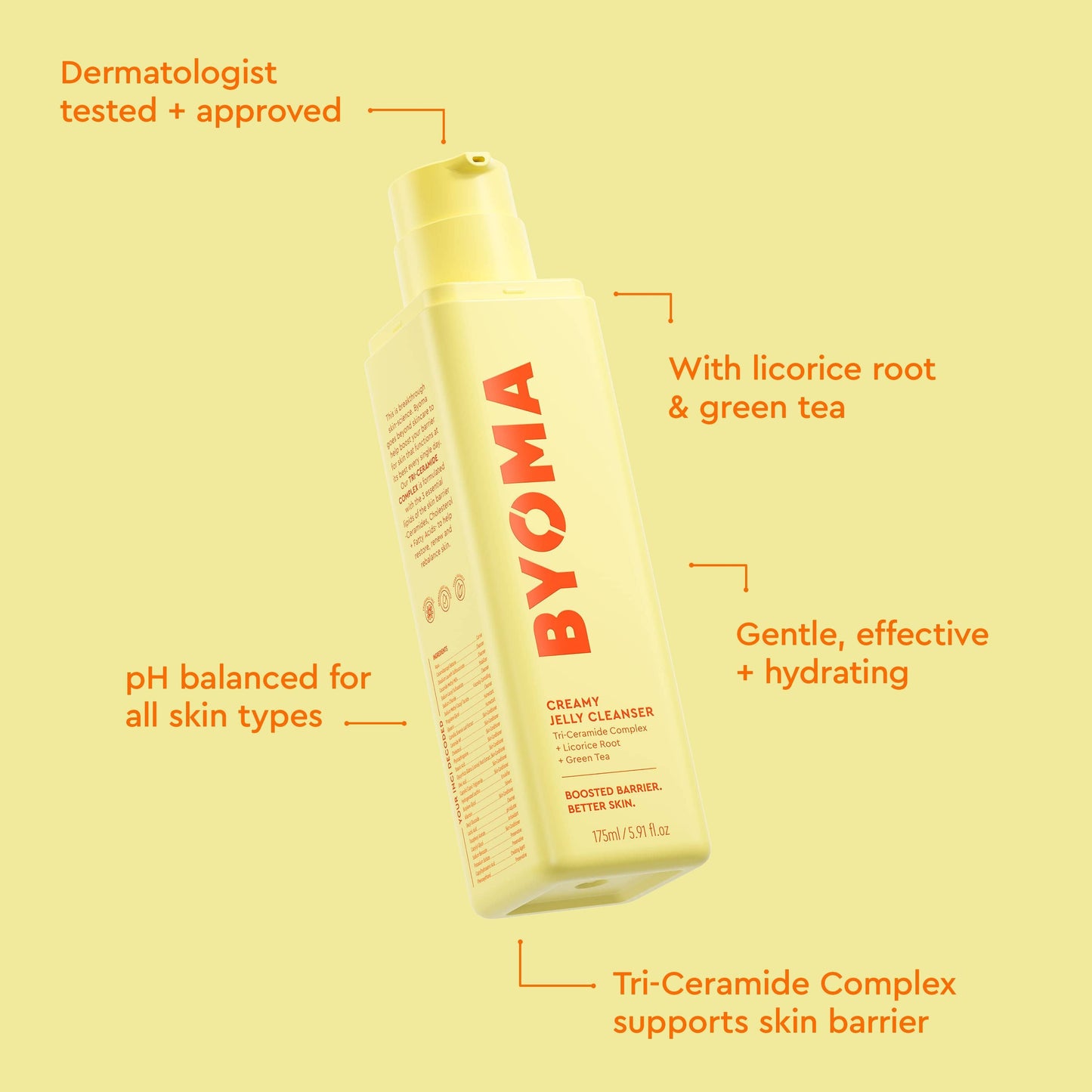 BYOMA CREAMY JELLY CLEANSER with its lid open and the benefits written all over the banner against a yellow background.