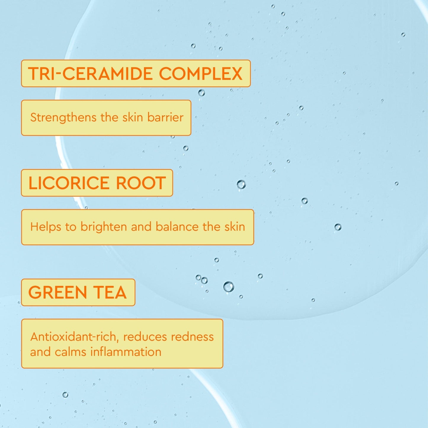 Blue cream background has information about TRI-CERAMIDE COMPLEX, LICORICE AND GREEN TEA.
