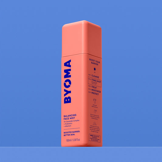 BYOMA BALANCING FACE MIST on a blue background.