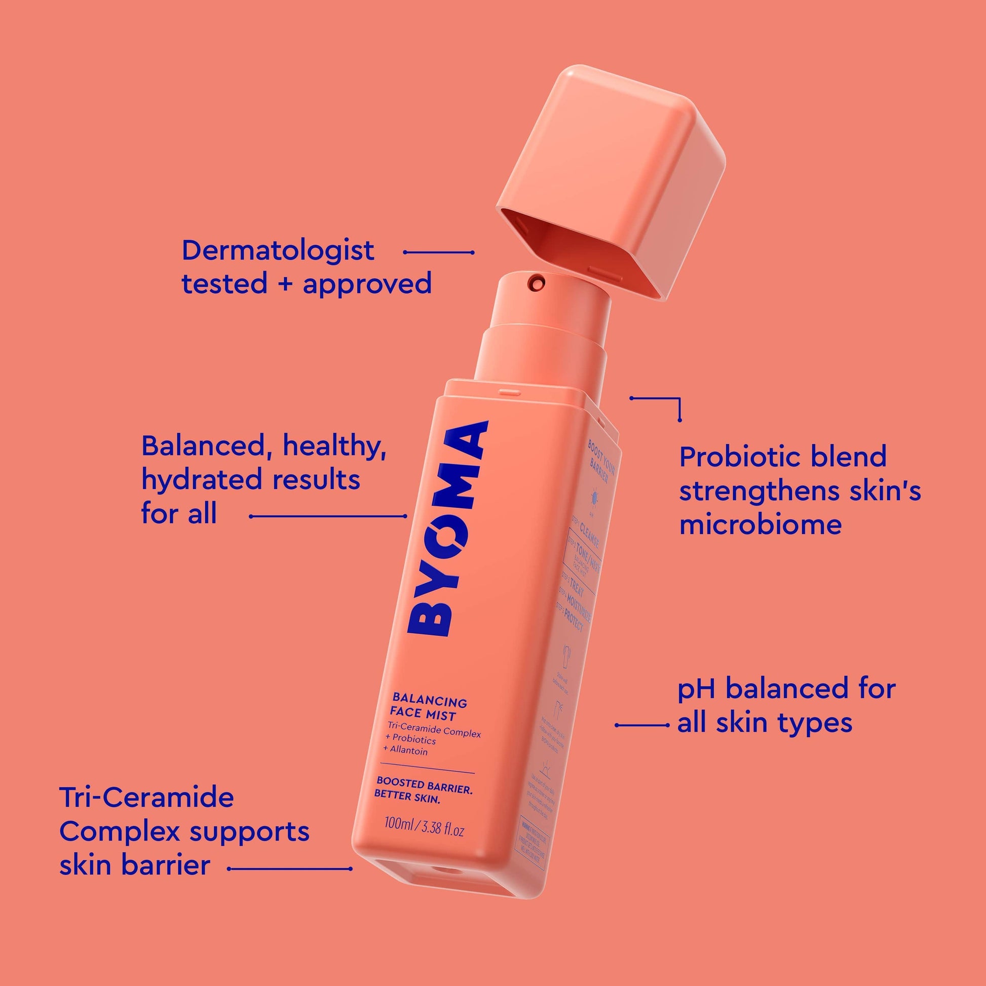 BYOMA BALANCING FACE MIST with its lid open in an orange background.