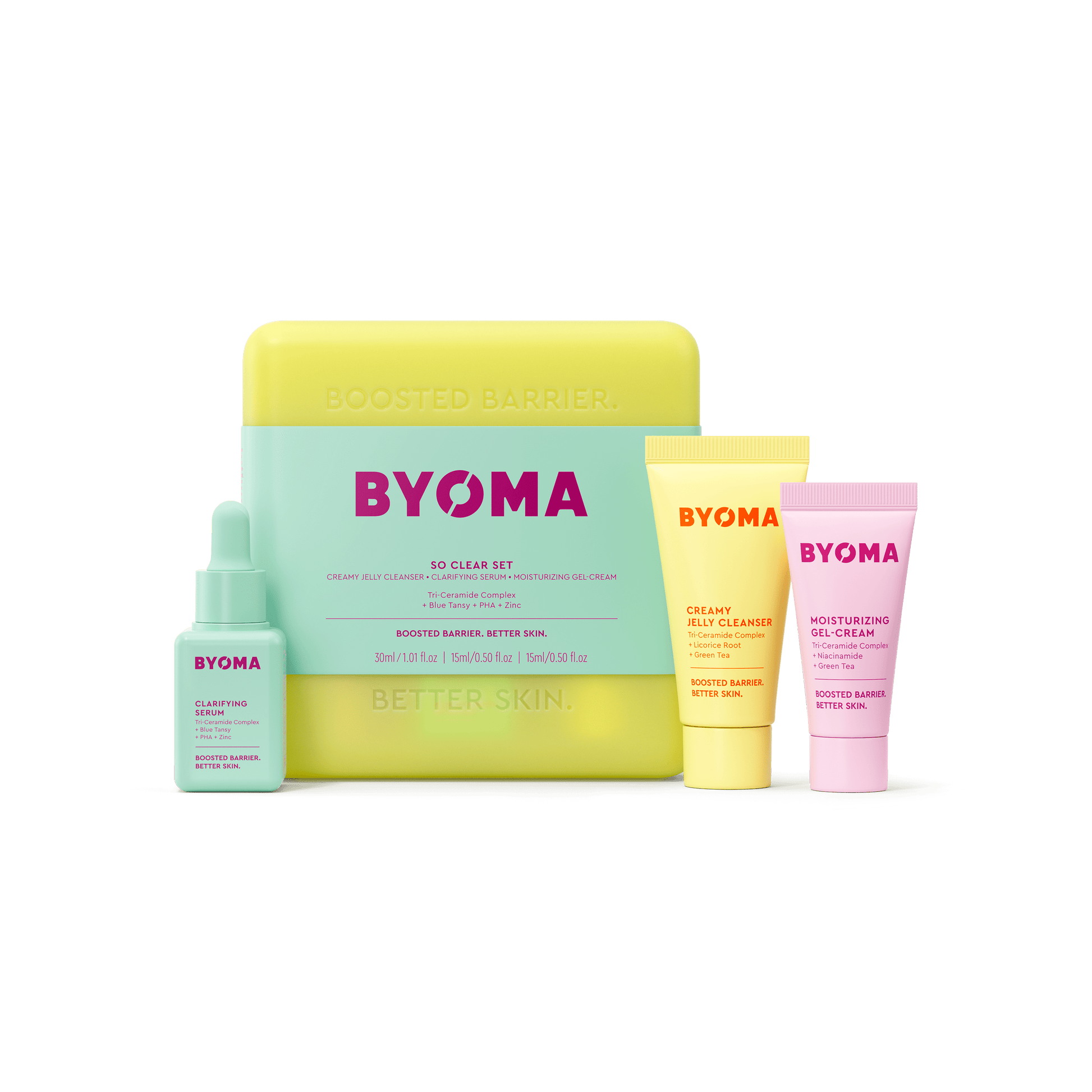 BYOMA SO CLEAR SET kit along with CREAMY JELLY CLEANSER, CLARIFYING SERUM and MOISTURIZING GEL CREAM against a white background.