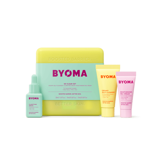 BYOMA SO CLEAR SET kit along with CREAMY JELLY CLEANSER, CLARIFYING SERUM and MOISTURIZING GEL CREAM against a white background.