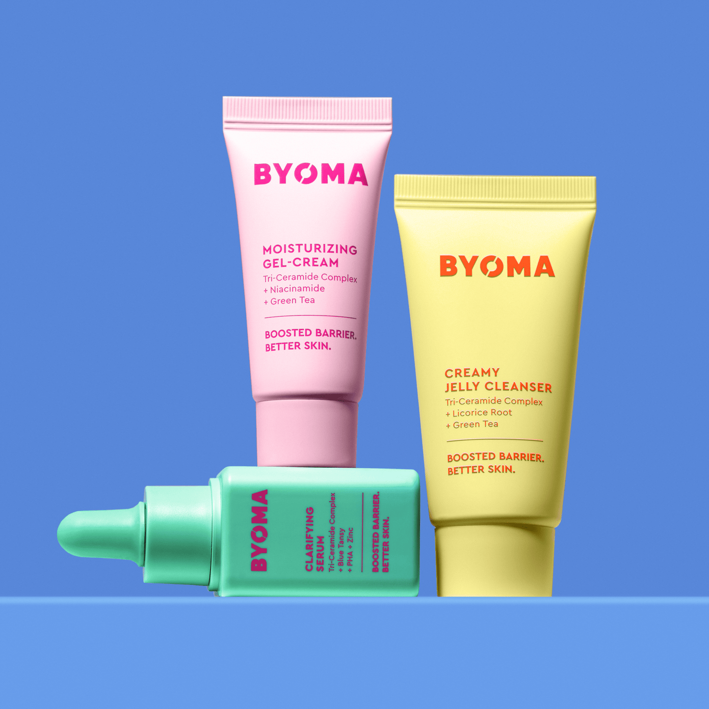 CREAMY JELLY CLEANSER, CLARIFYING SERUM and MOISTURIZING GEL CREAM stacked against a blue background.