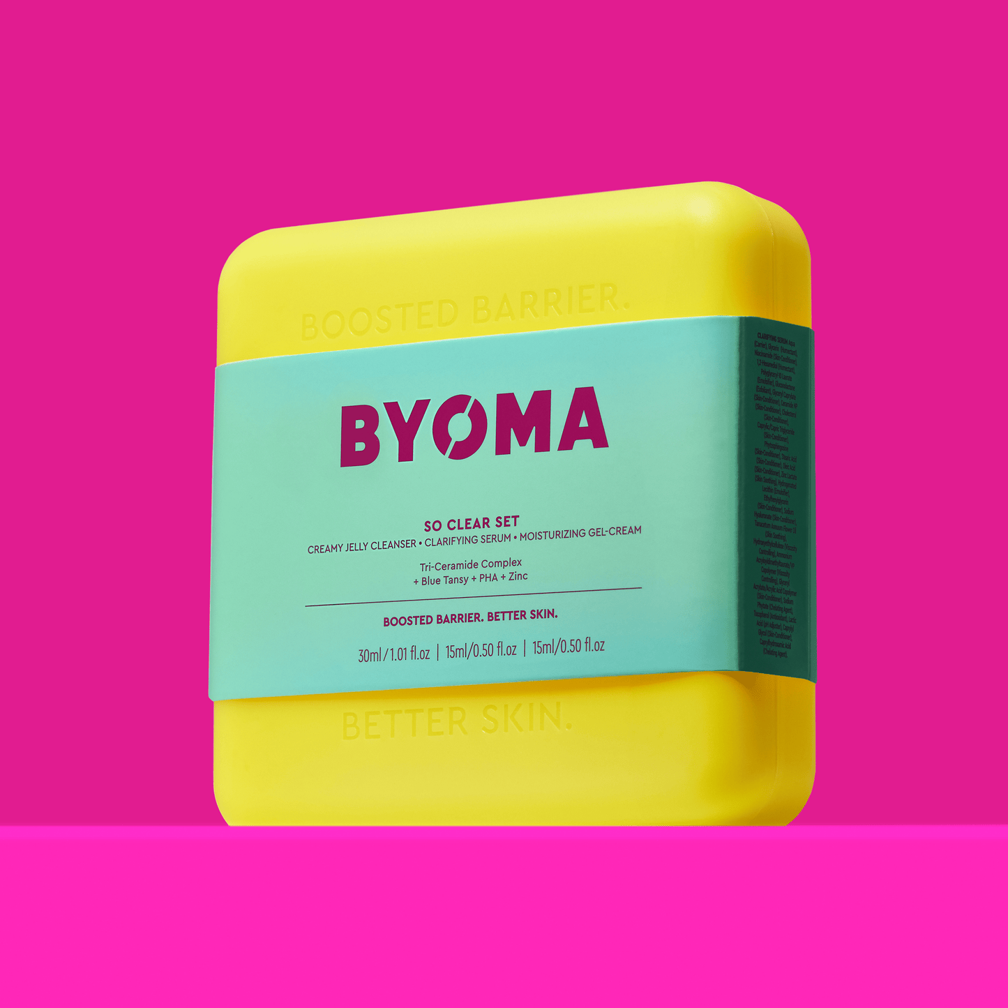 BYOMA SO CLEAR SET kit against a pink background.