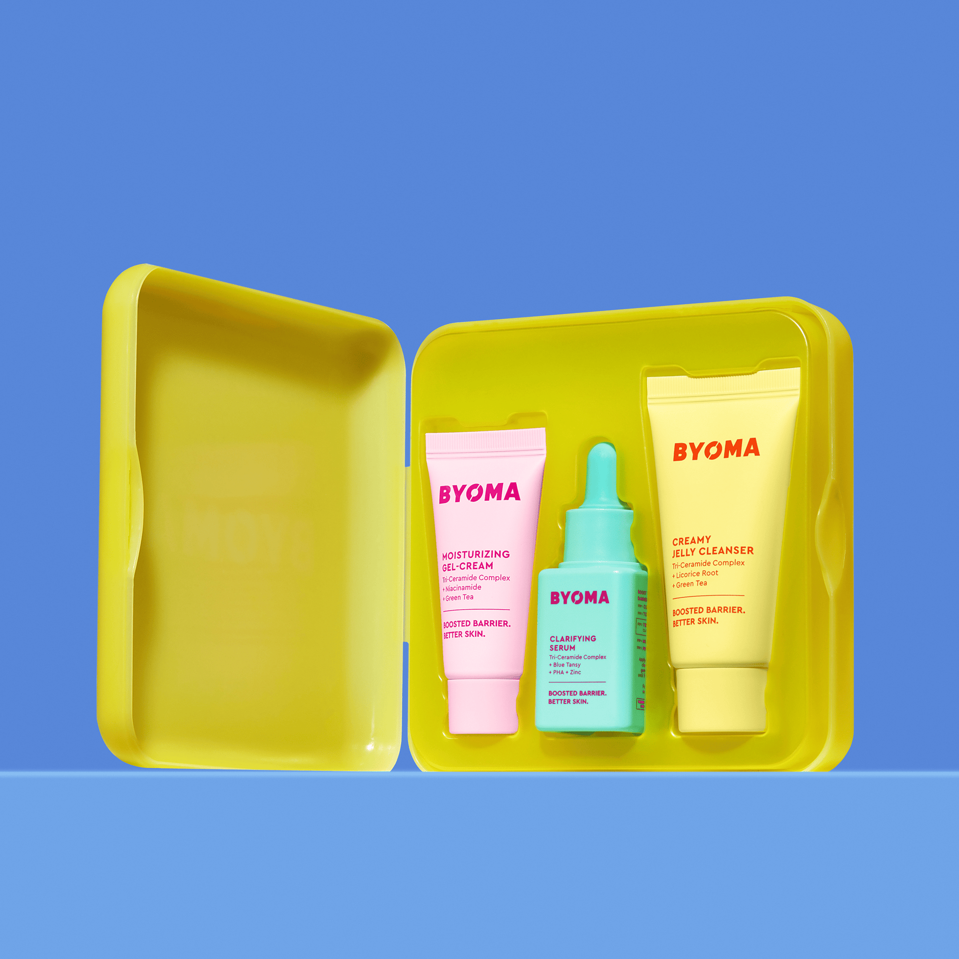 BYOMA open kit with CREAMY JELLY CLEANSER, CLARIFYING SERUM and MOISTURIZING GEL CREAM.