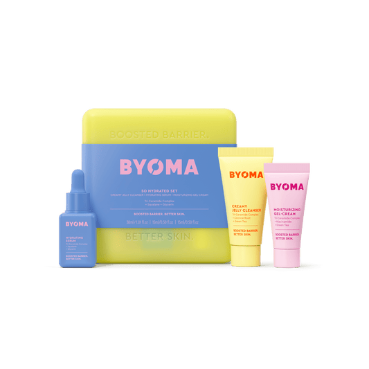 BYOMA SO HYDRATED SET kit with CREAMY JELLY CLEANSER, MOISTURIZING GEL-CREAM and HYDRATING SERUM.