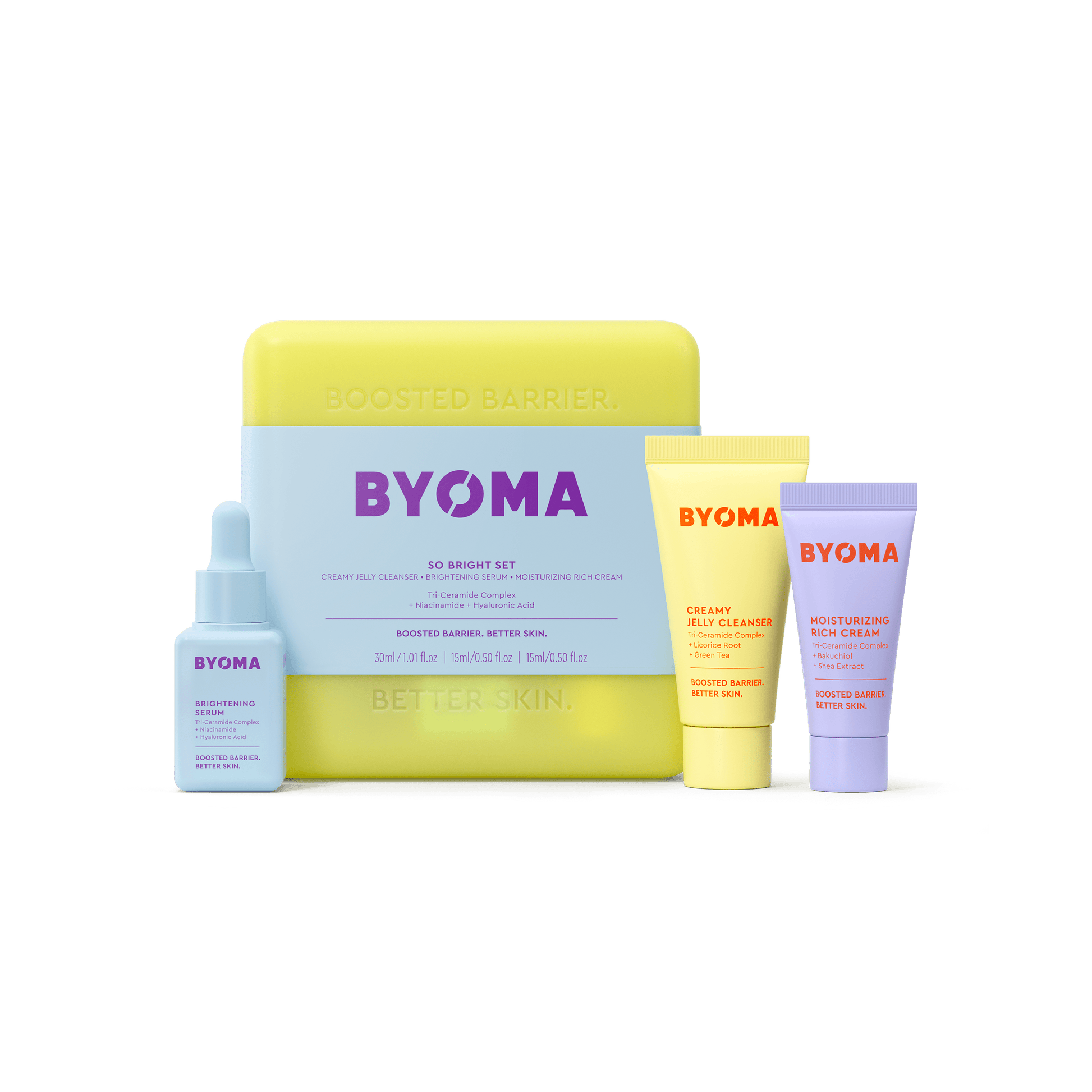 BYOMA SO BRIGHT SET with CREAMY JELLY CLEANSER, MOISTURIZING RICH CREAM and BRIGHTENING SERUM featured against a blue background.