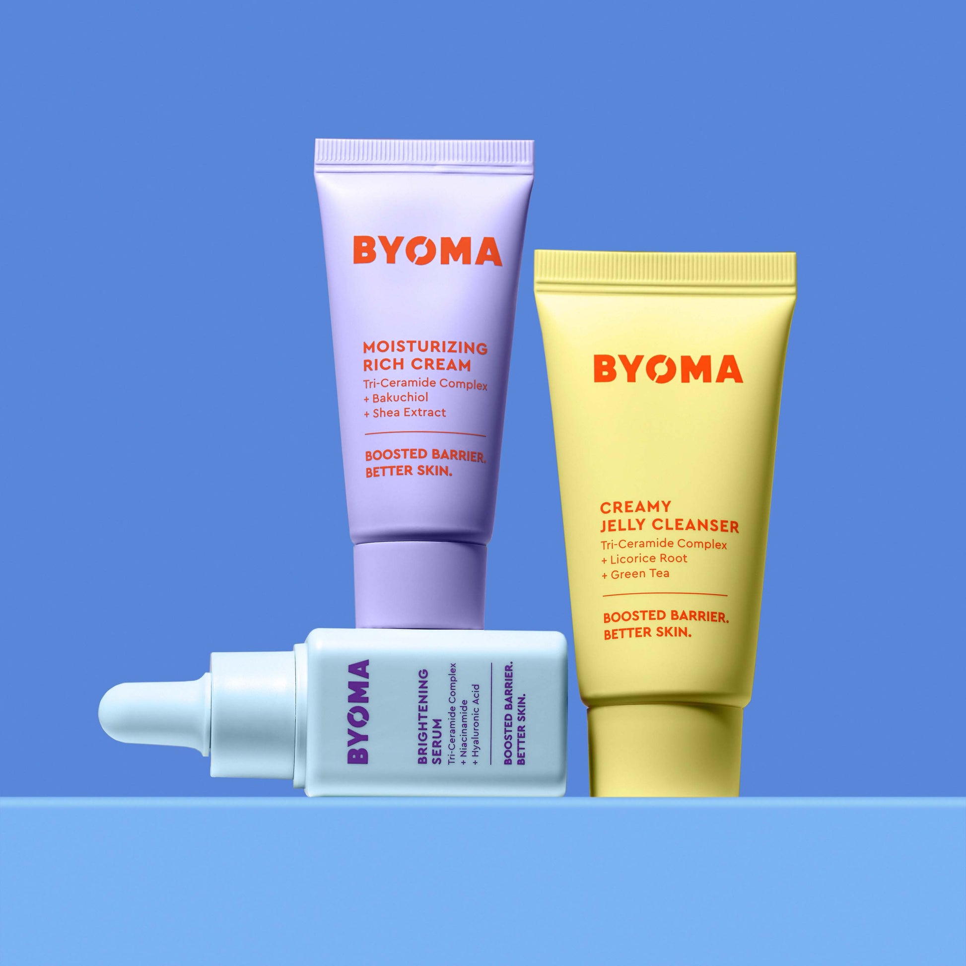 BYOMA CREAMY JELLY CLEANSER, MOISTURIZING RICH CREAM and BRIGHTENING SERUM featured against a blue background.