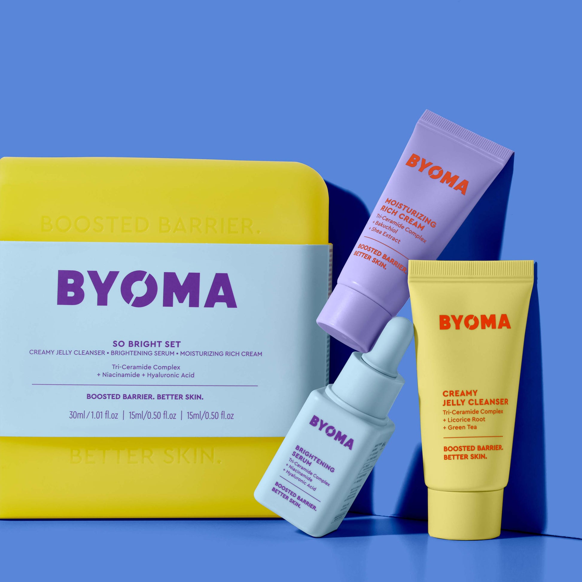 BYOMA SO BRIGHT SET with CREAMY JELLY CLEANSER, MOISTURIZING RICH CREAM and BRIGHTENING SERUM featured against a blue background.