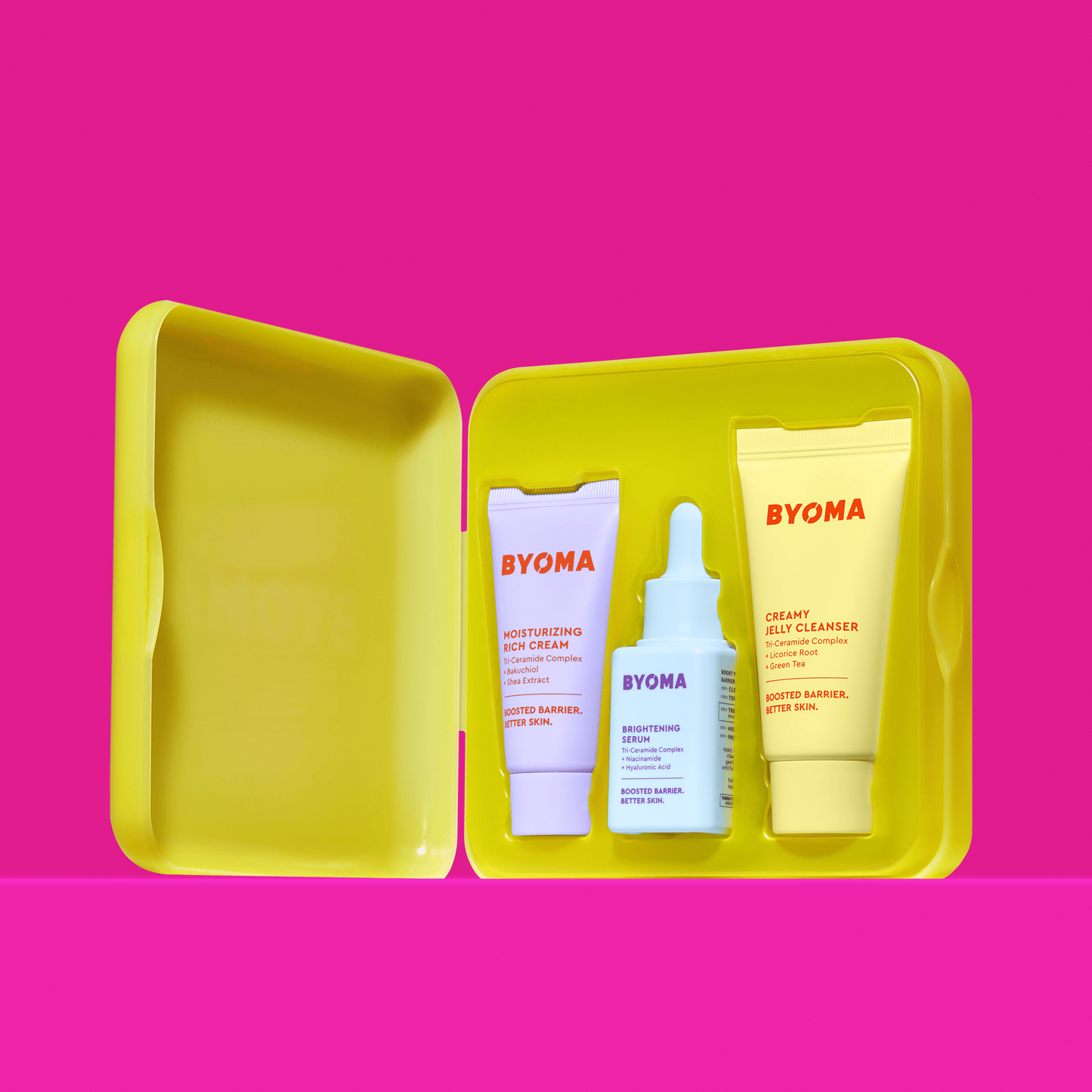 BYOMA CREAMY JELLY CLEANSER, MOISTURIZING RICH CREAM and BRIGHTENING SERUM in a yellow kit featured against a pink background.