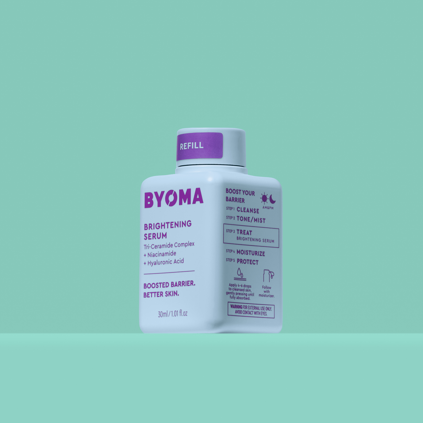 BYOMA BRIGHTENING SERUM refill against an aqua green background.