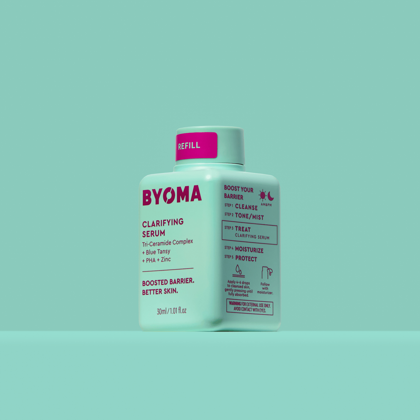 BYOMA CLARYFYING SERUM refill against an aqua green background.