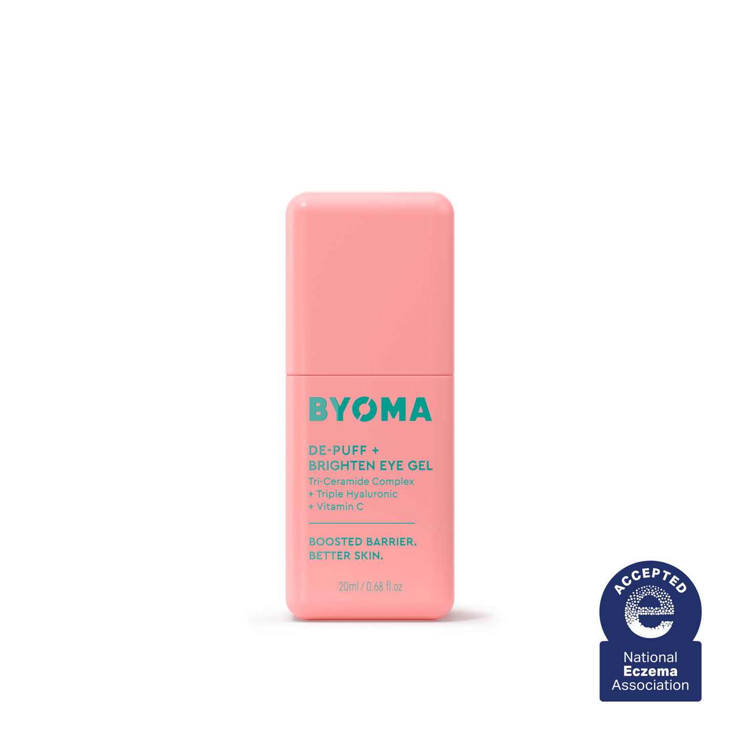 BYOMA DE-PUFF+BRIGHTEN EYE GEL against a white background and a sign that says, 'Accepted National Eczema Association'