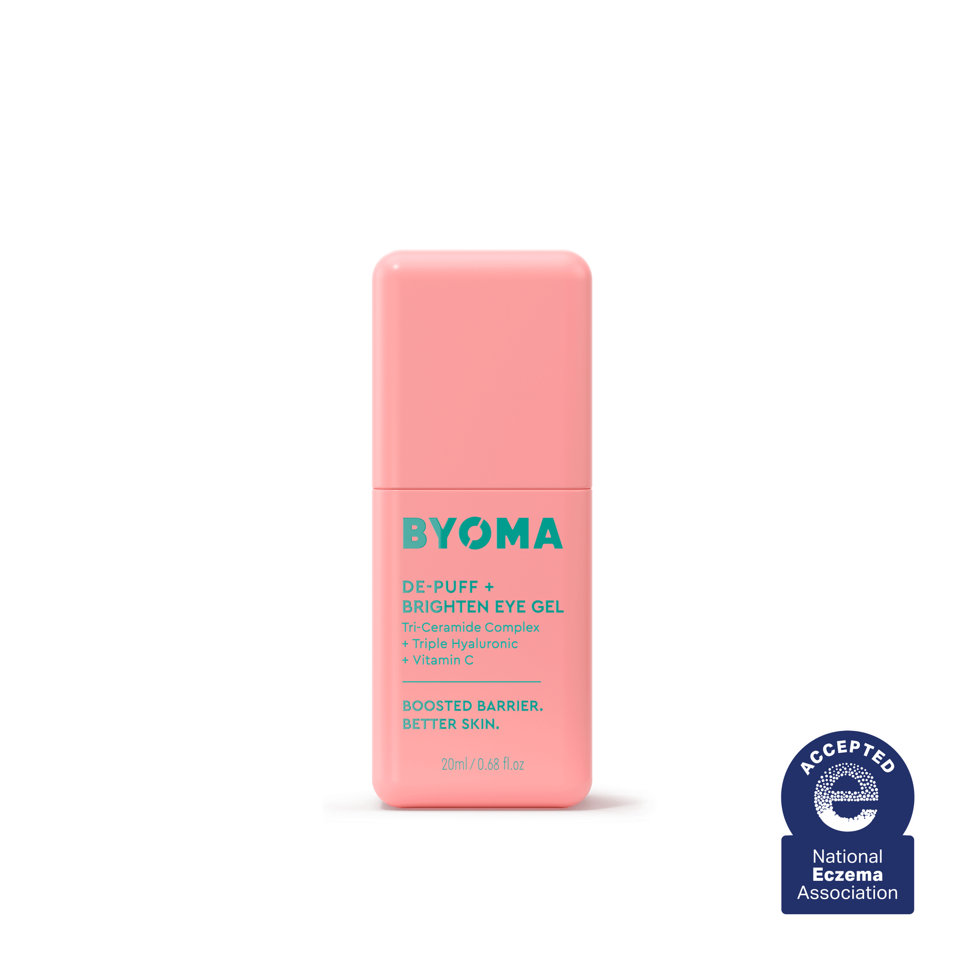 BYOMA DE-PUFF+BRIGHTEN EYE GEL against a white background and a sign that says, 'Accepted National Eczema Association'