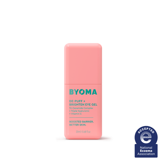 BYOMA DE-PUFF+BRIGHTEN EYE GEL against a white background and a sign that says, 'Accepted National Eczema Association'