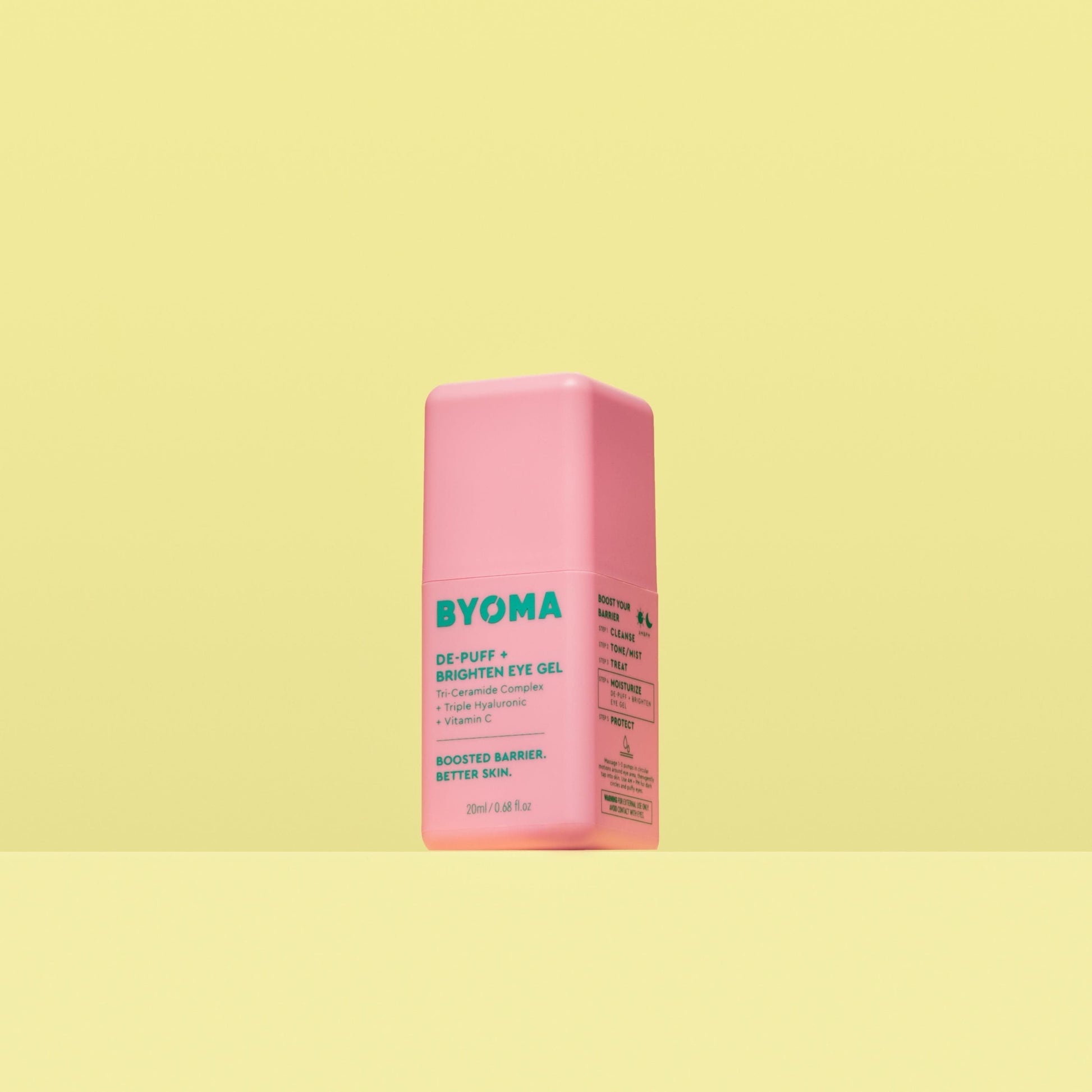 BYOMA DE-PUFF+BRIGHTEN EYE GEL against a yellow background.