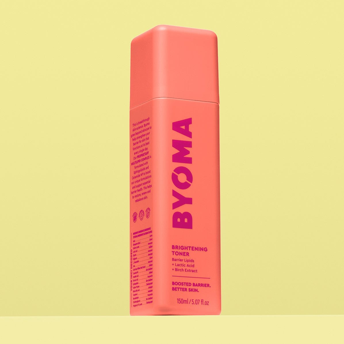 BYOMA BRIGHTENING TONER against a yellow background.