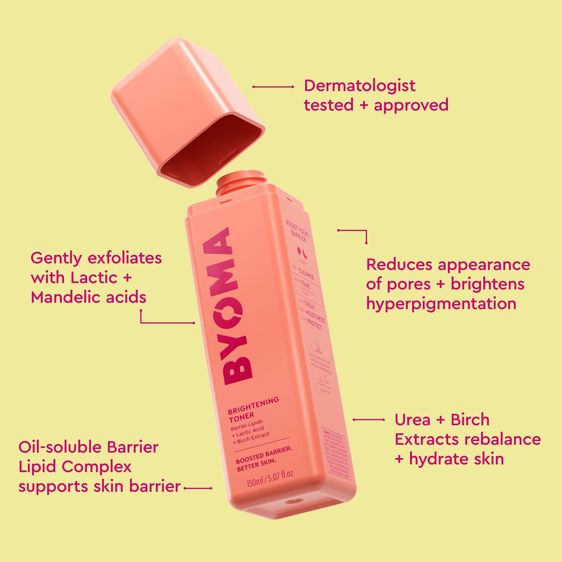 BYOMA BRIGHTENING TONER with its lid off and all the benefits of the product written all over the banner.