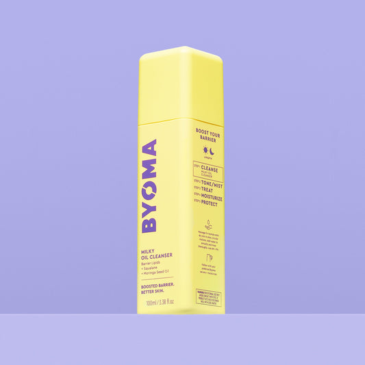 BYOMA MILKY OIL CLEANSER against a blue background.
