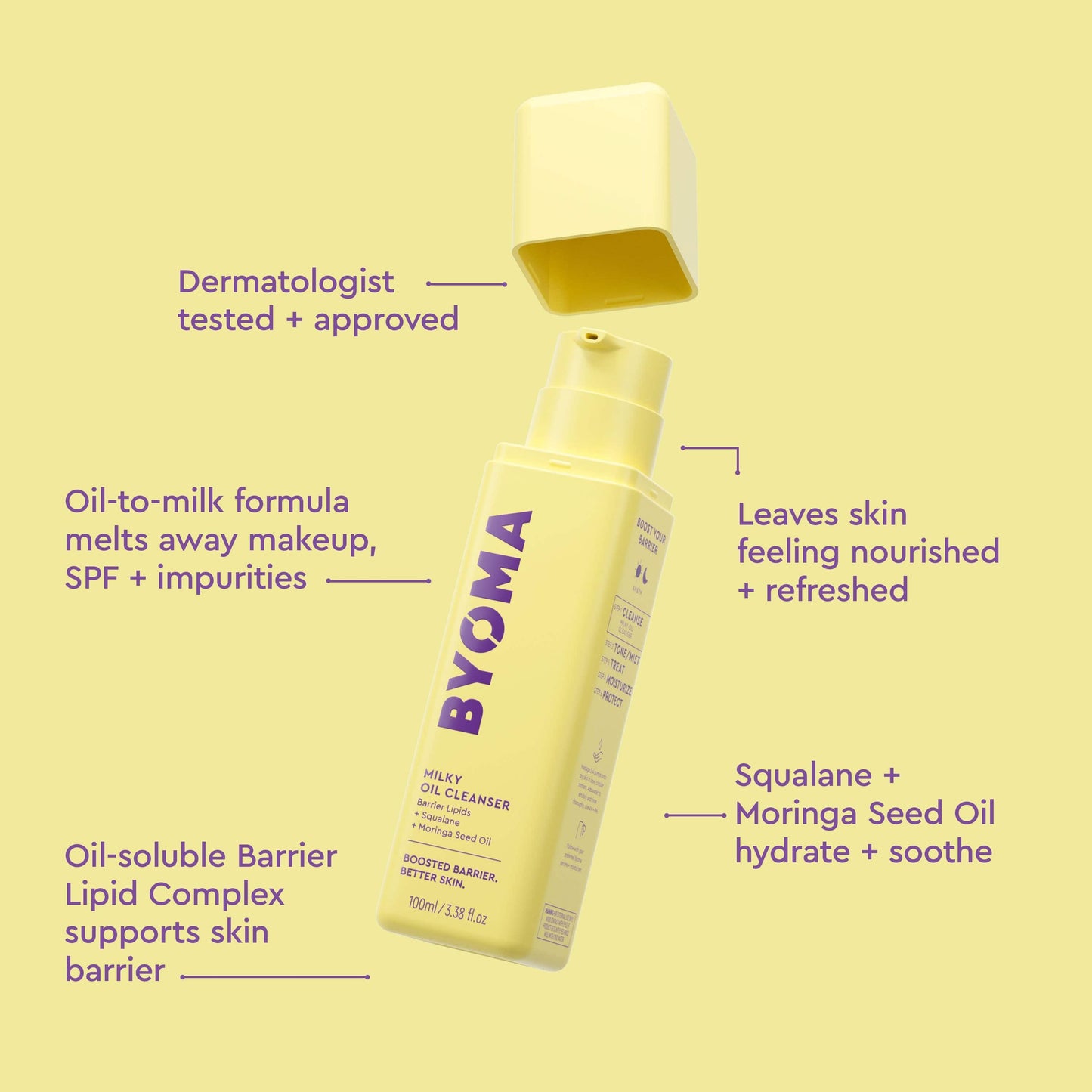 An open bottle of BYOMA MILKY OIL CLEANSER and the product benefits written all around it.