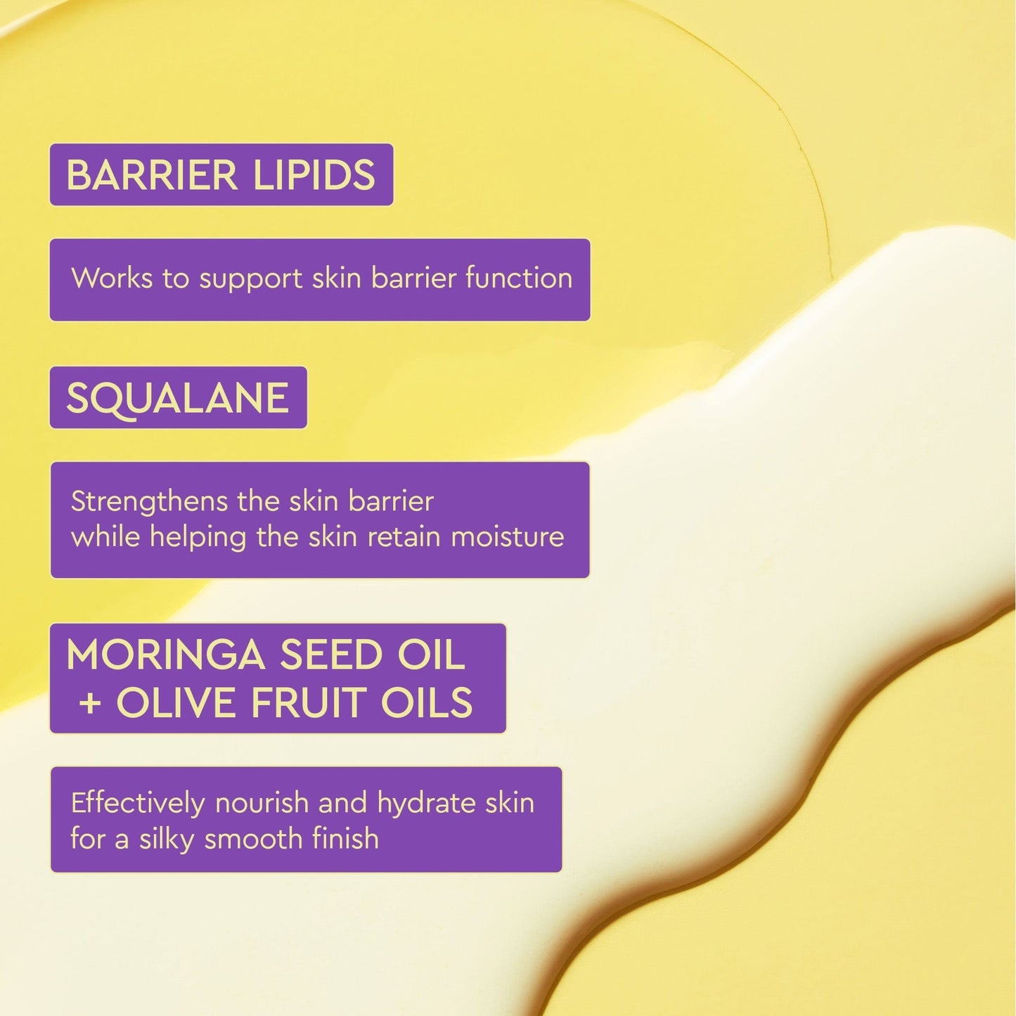 The benefits of BARRIER LIPIDS, SQUALANE AND MORINGA SEED OIL + OLIVE FRUIT OILS against a yellow background.
