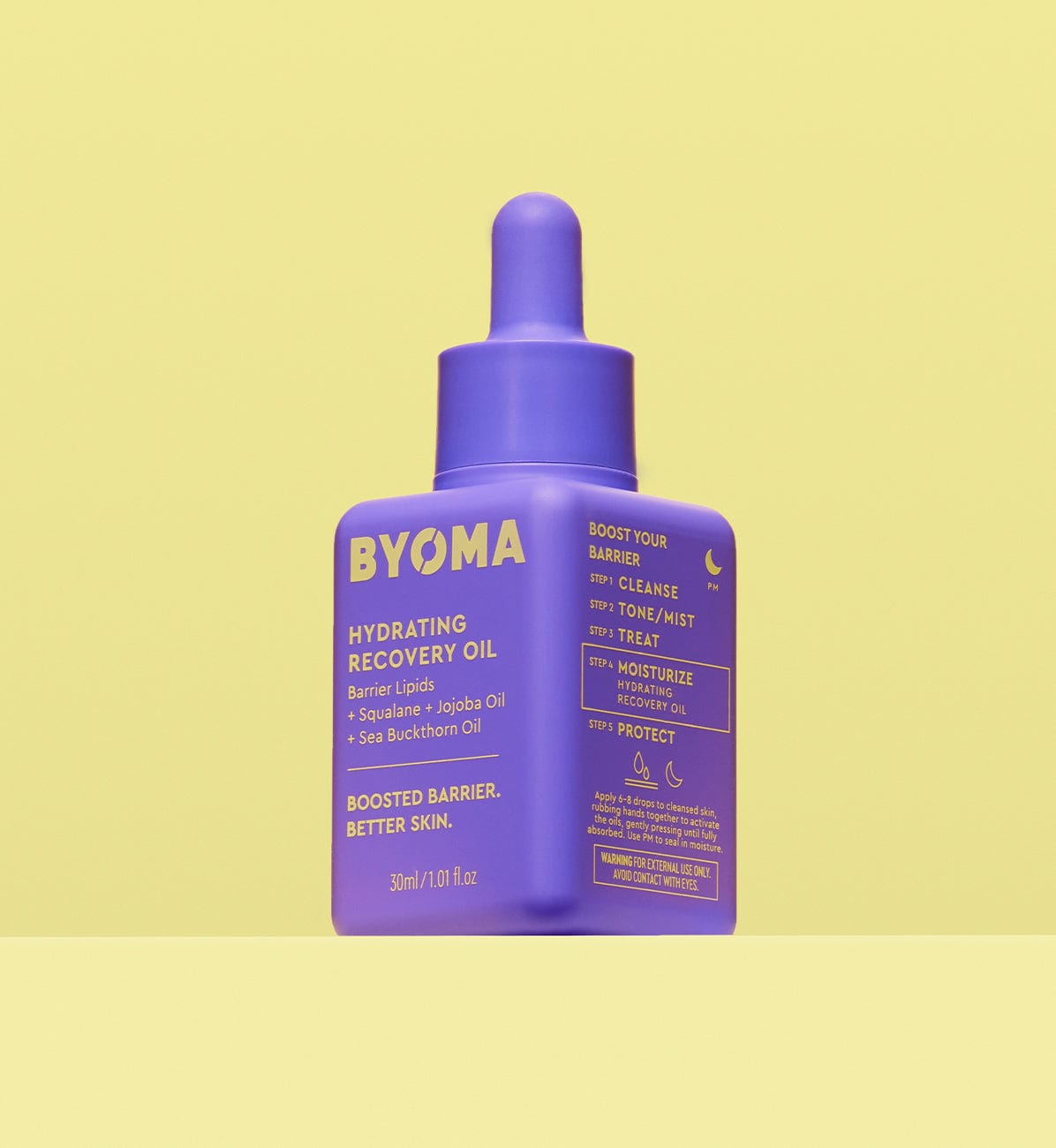 BYOMA HYDRATING RECOVERY OIL against a yellow background.
