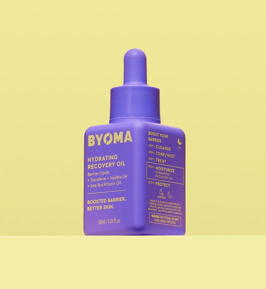 BYOMA HYDRATING RECOVERY OIL against a yellow background.