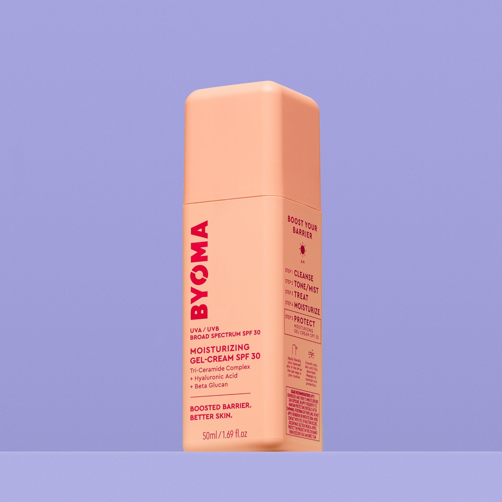 BYOMA MOISTURIZING GEL-CREAM SPF 30 against a blue background.