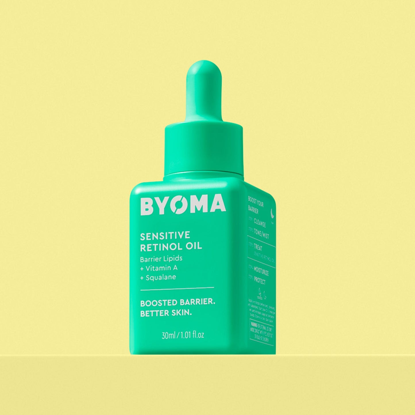 BYOMA SENSITIVE RETINOL OIL against a yellow background.