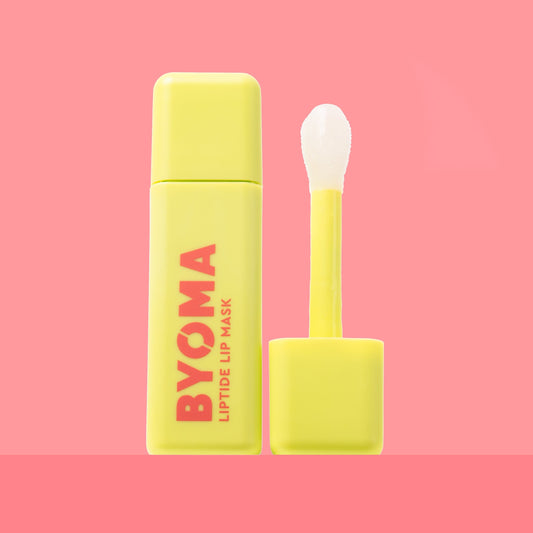 BYOMA LIPTIDE LIP MASK and its dispenser against a pink background.