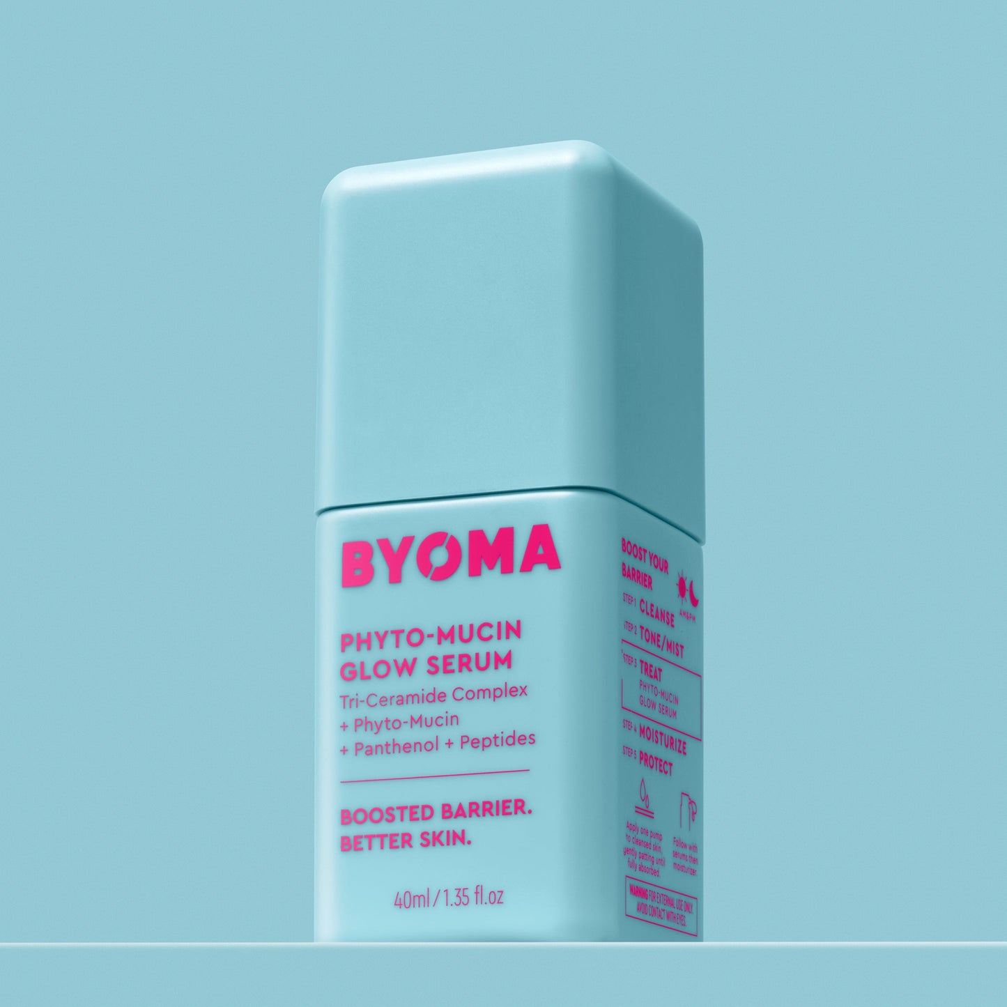 BYOMA PHYTO-MUCIN GLOW SERUM against a blue background.