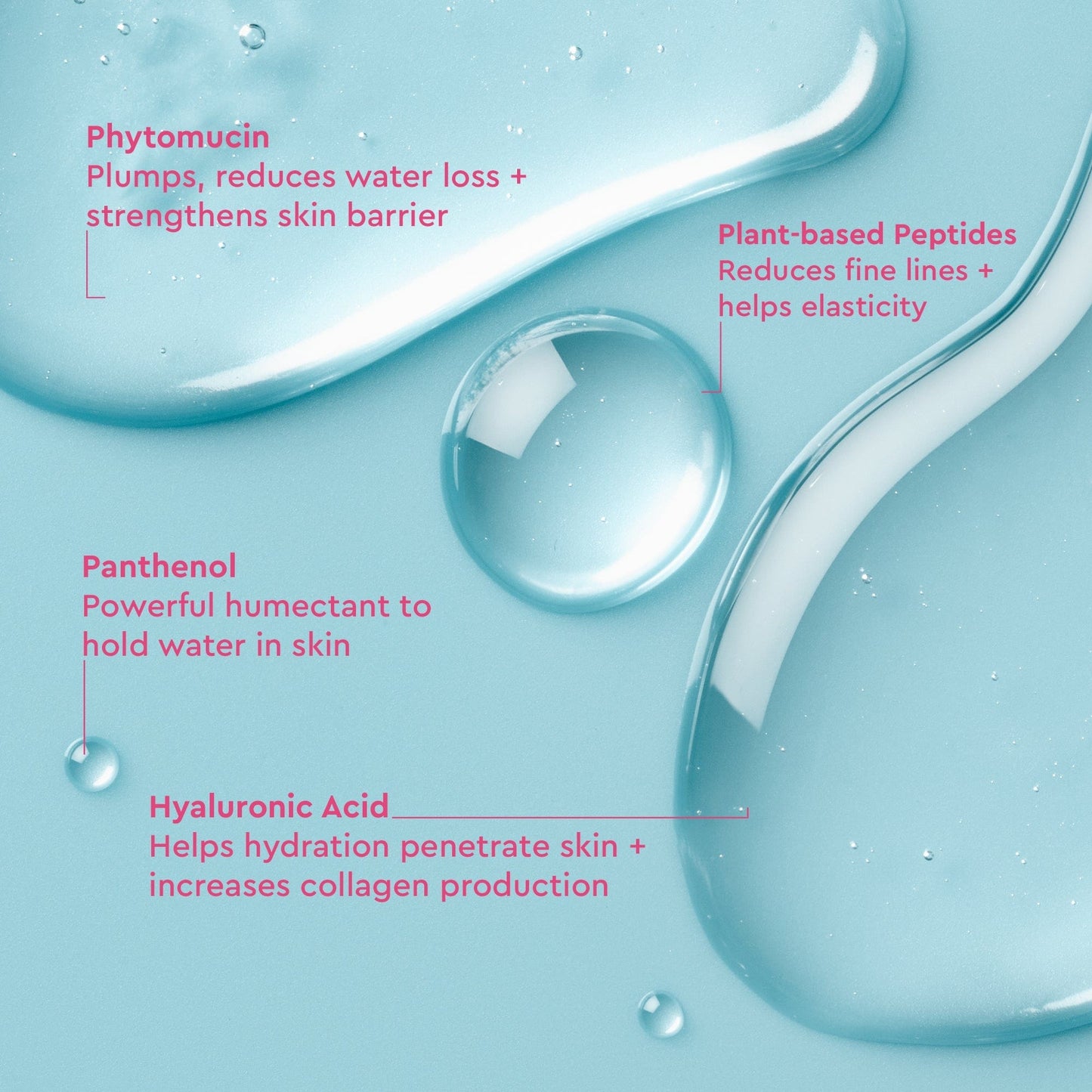 Transparent liquid in a blue background and its benefits described all around the banner.