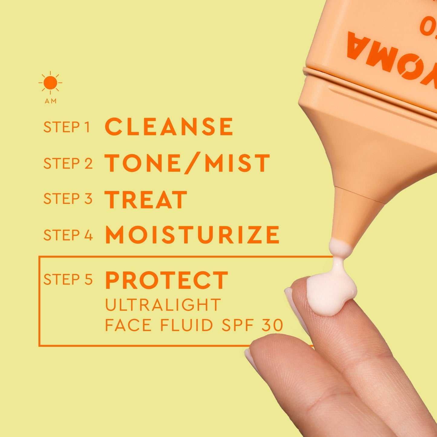 Steps for day skincare routine listed and focus on Step 5 which is to Protect using Ultralight Face Fluid SPF. A hand pressing the product out of its orange bottle.