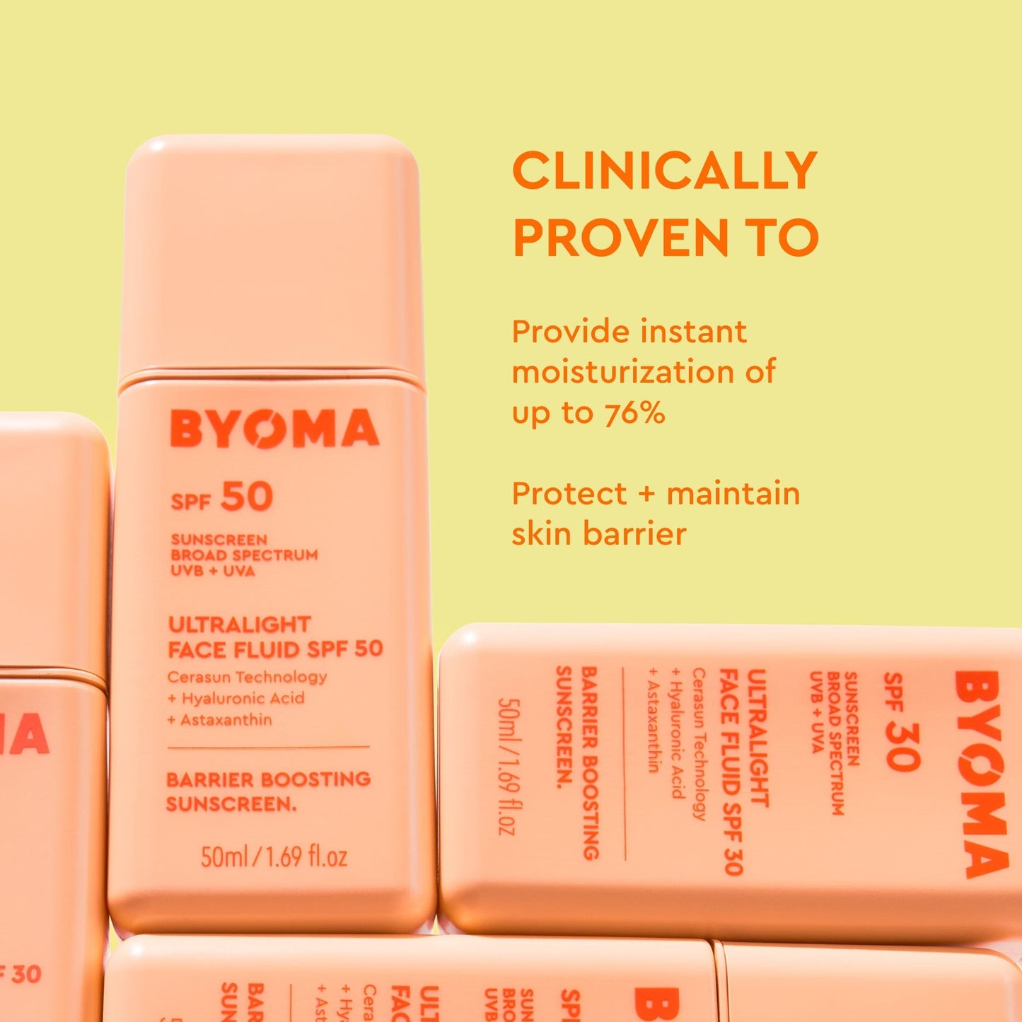 BYOMA SPF 50 SUNSCREEN BROAD SPECTRUM UVB + UVA stacked against each other and the benefits mentioned.