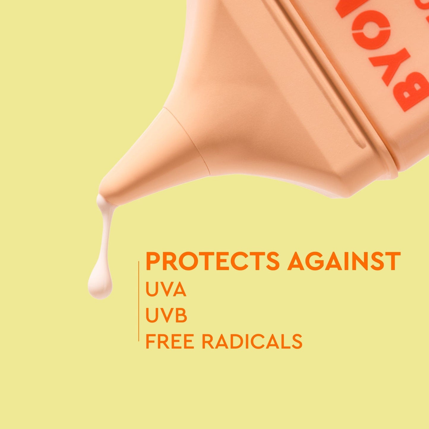 A peach BYOMA bottle dispensing lotion and benefits described against a yellow background