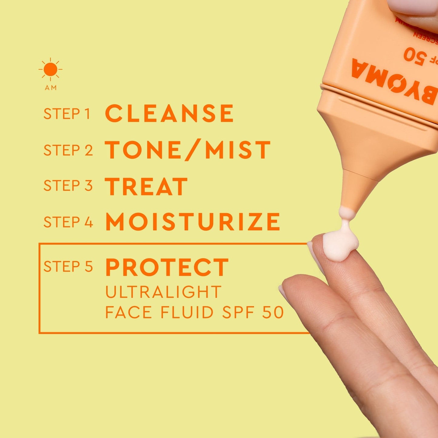 Steps for day skincare routine listed and focus on Step 5 which is to Protect using Ultralight Face Fluid SPF 50. A hand pressing the product out of its orange bottle.
