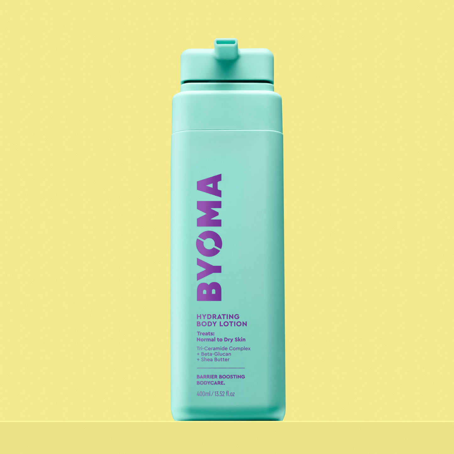 BYOMA HYDRATING BODY LOTION against a yellow background.