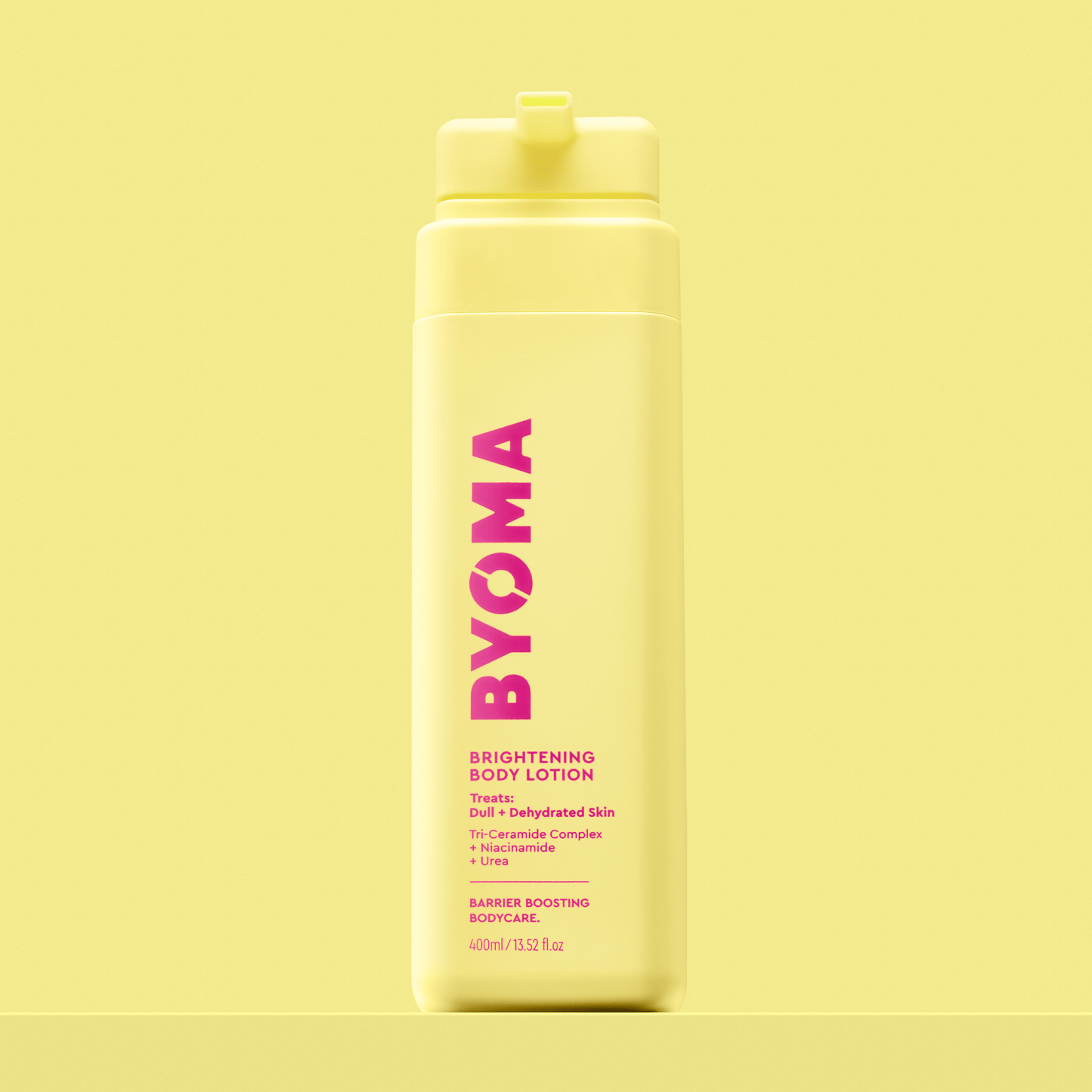 BYOMA BRIGHTENING LOTION against a yellow background.