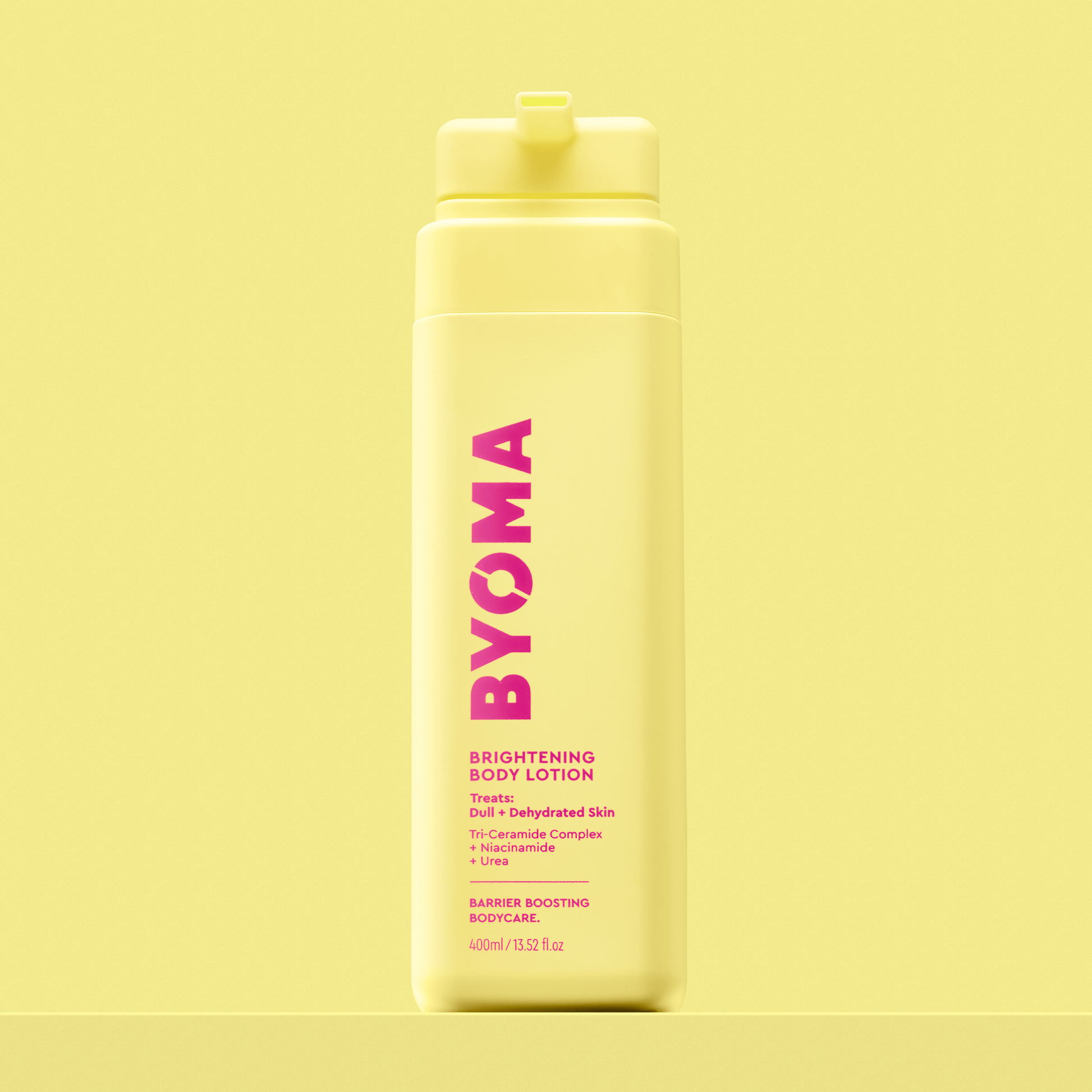 BYOMA BRIGHTENING LOTION against a yellow background.