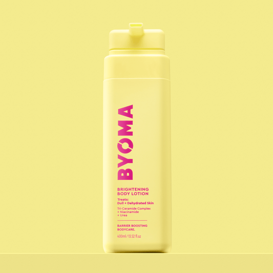 BYOMA BRIGHTENING LOTION against a yellow background.